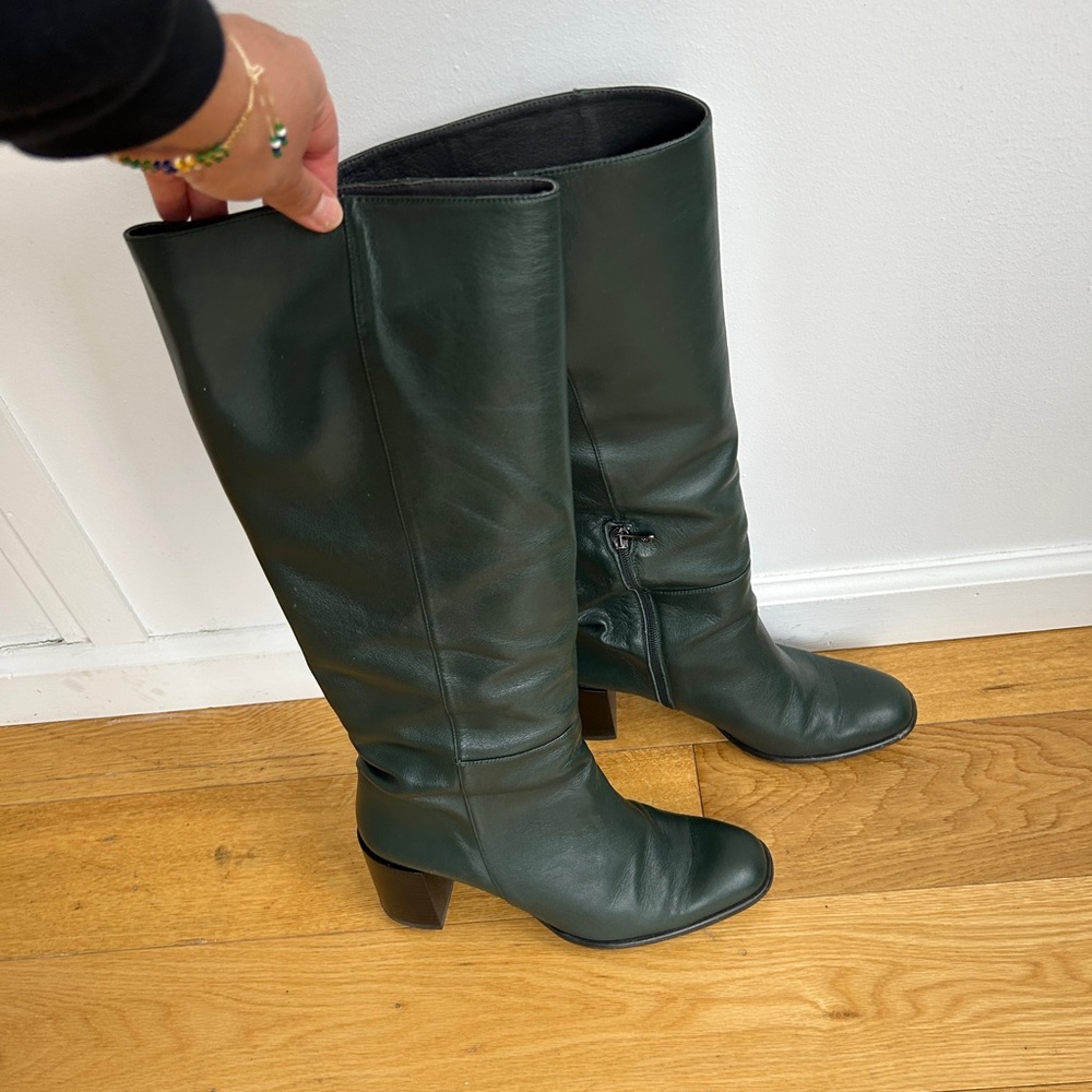 Dark Green Leather Knee-High Boots
